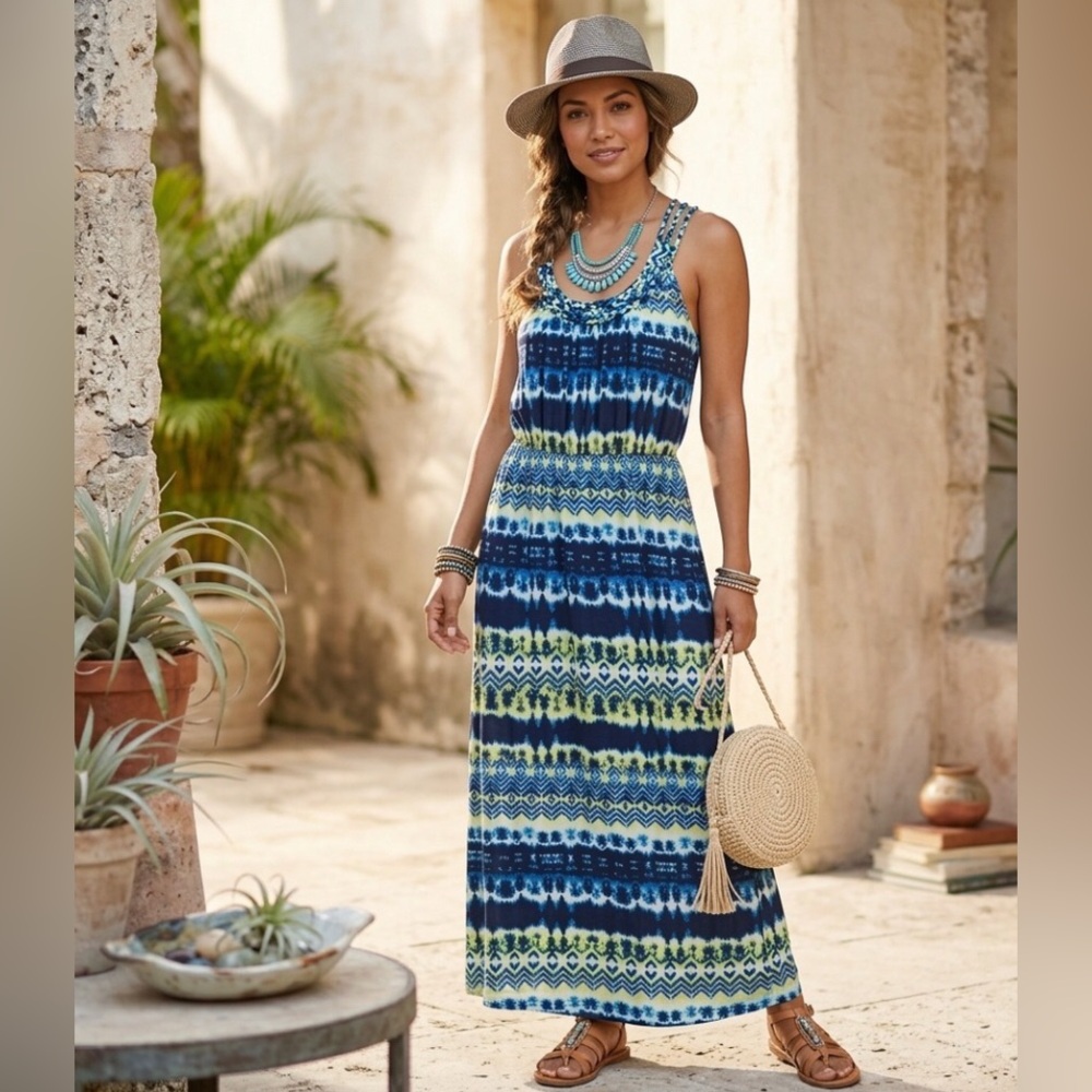 Davina Maxi Dress Women’s Size L Elastic Waist Colorful Tie Dye Multi Strap NWOT